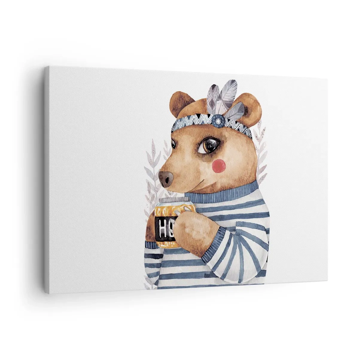Impression sur toile - Image sur toile - Un ours en peluche dans un pull rayé avec une tasse de miel - 70x50cm - Un nounours trop mignon - Décoration murale moderne pour le salon et la chambre ARTTOR