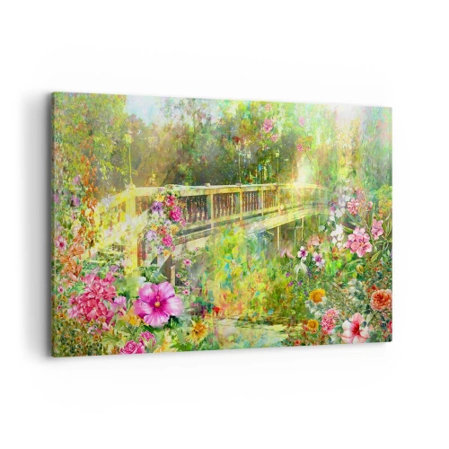 Impression sur toile - Image sur toile - Un pont entouré d'une végétation luxuriante et de fleurs - 120x80cm - Le soupire d'un pont de printemps - Décoration murale moderne pour le salon et la chambre ARTTOR