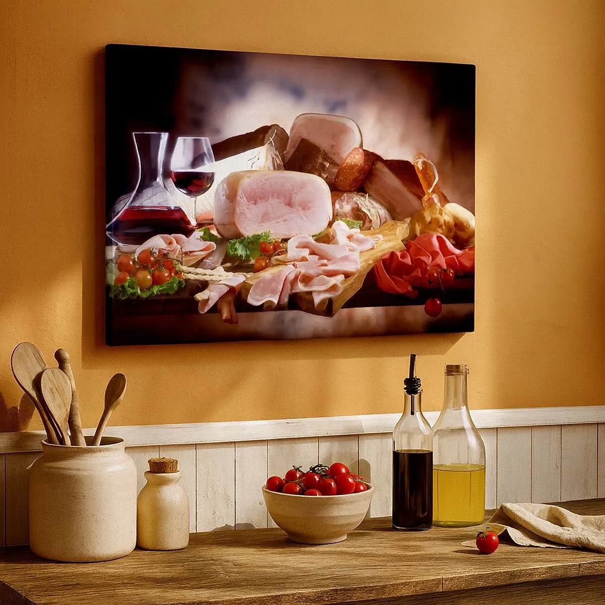 Impression sur toile - Image sur toile - Charcuterie au vin sur fond rustique - 70x50cm - Un rêve culinaire avec une carafe - Décoration murale moderne pour le salon et la chambre ARTTOR