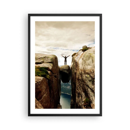 Affiche dans un cadre noir - Poster - Un homme debout sur un rocher suspendu entre des falaises - 50x70cm - Comment vous sentez-vous§ - Décoration murale moderne pour le salon et la chambre ARTTOR