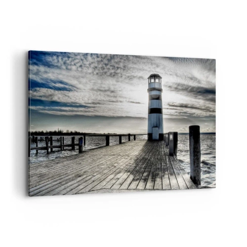 Impression sur toile - Image sur toile - Phare sur une jetée en bois surplombant la mer. - 100x70cm - Marins, je vous attend - Décoration murale moderne pour le salon et la chambre ARTTOR