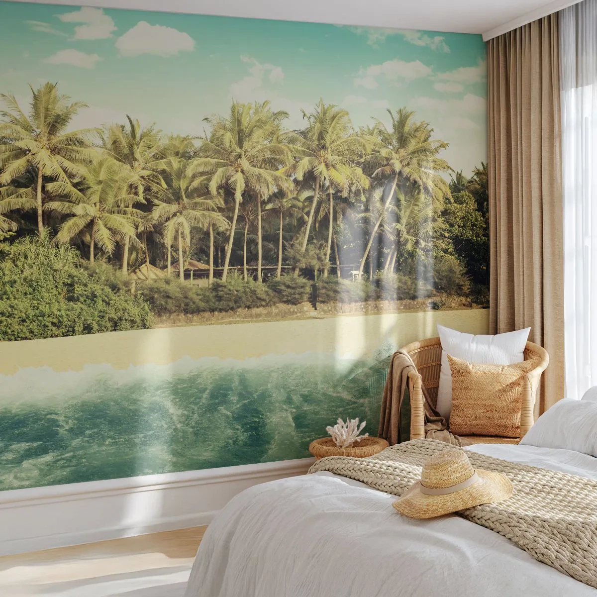 Papier Peint Photo Premium Sand - Une plage avec des palmiers et une mer bleue par une journée ensoleillée - 100x70cm - Peut-être ici? - Décoration murale moderne pour le salon et la chambre ARTTOR