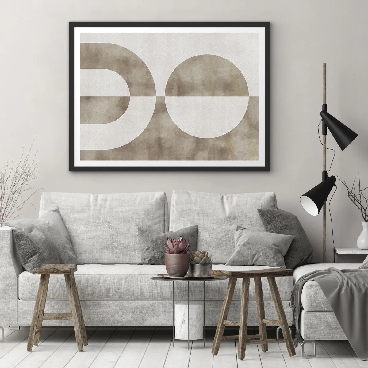 Affiche dans un cadre noir - Poster - Une peinture abstraite dans les tons beiges avec des formes géométriques et de la symétrie. - 70x50cm - Similitudes et différences - Décoration murale moderne pour le salon et la chambre ARTTOR