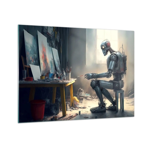 Impression sur verre - Image sur verre - Un robot peignant des tableaux dans un atelier d'art - 70x50cm - L'acte de création - Décoration murale moderne pour le salon et la chambre ARTTOR