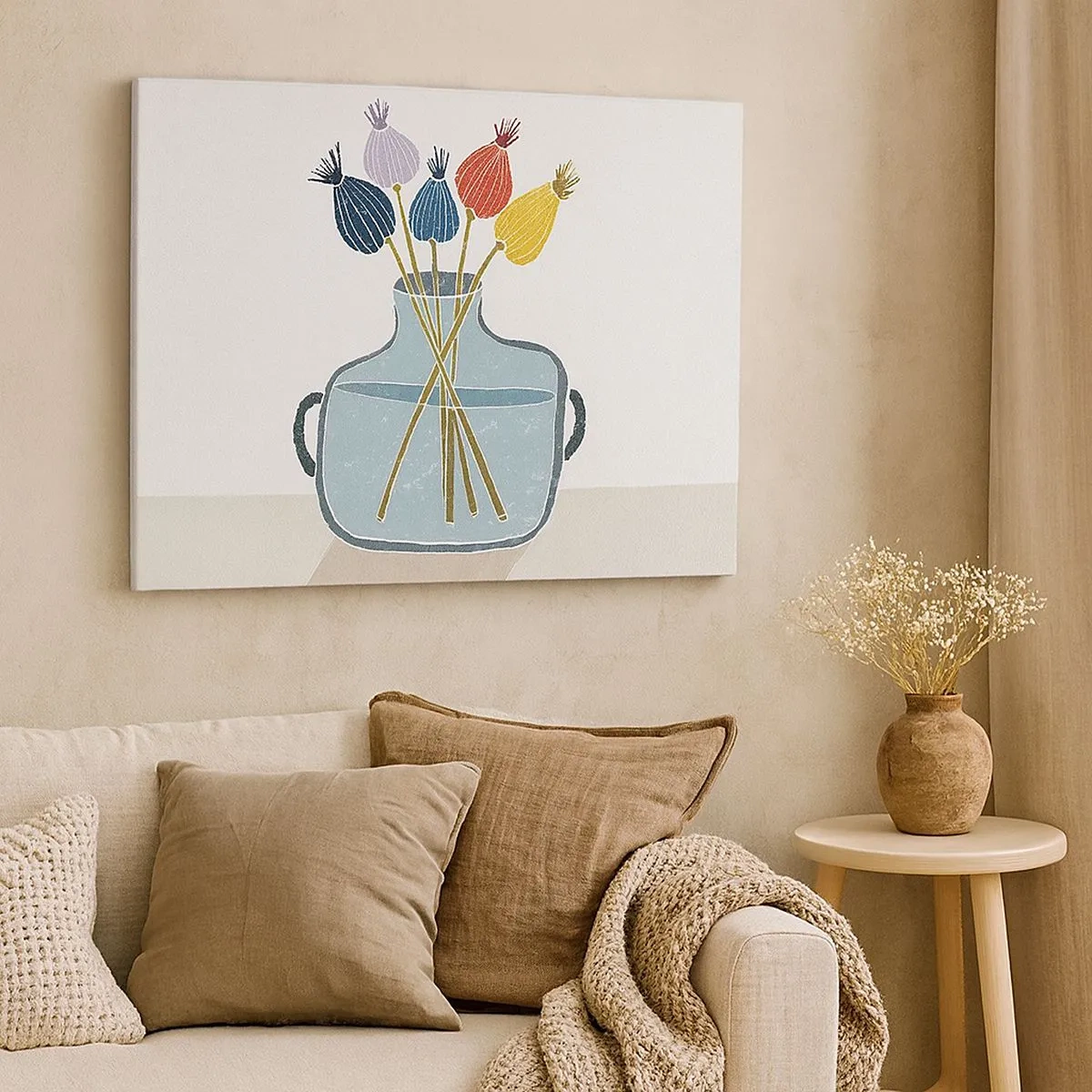 Impression sur toile - Image sur toile - Fleurs séchées colorées dans un vase sur fond blanc - 70x50cm - Comme s'il avait semé des graines de pavot - Décoration murale moderne pour le salon et la chambre ARTTOR