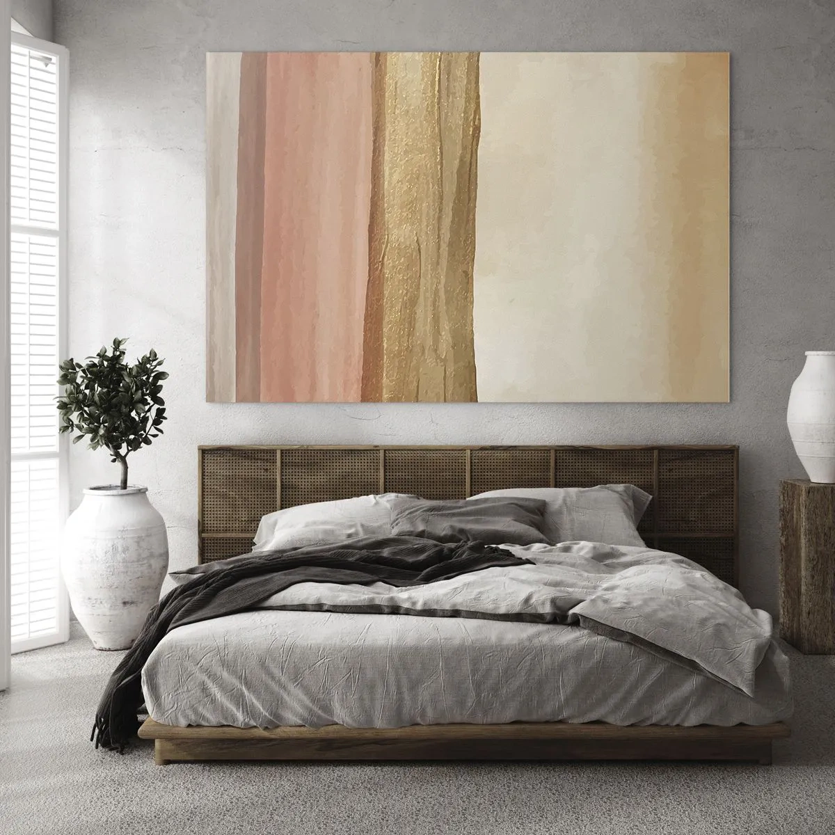 Impression sur verre - Image sur verre - Rayures abstraites dans des tons chauds de beige et d'or - 70x50cm - Composition verticale - Décoration murale moderne pour le salon et la chambre ARTTOR