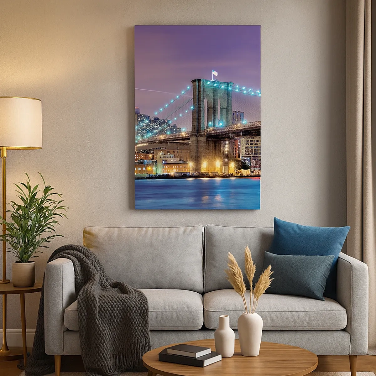 Impression sur toile - Image sur toile - Le pont de Brooklyn la nuit avec la ville illuminée en arrière-plan - 50x70cm - Depuis de nombreuses années le pont de Brooklyn - Décoration murale moderne pour le salon et la chambre ARTTOR