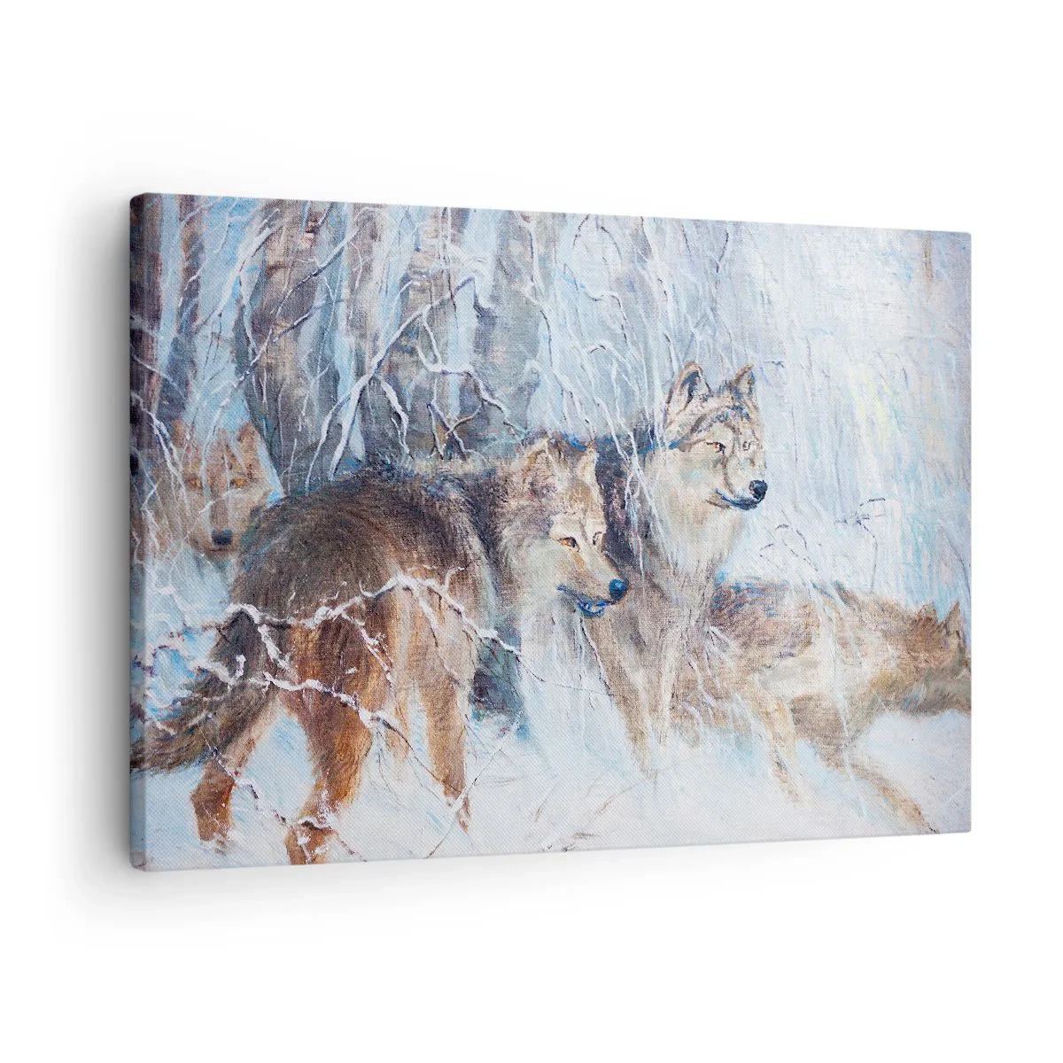 Impression sur toile - Image sur toile - Loups dans une forêt hivernale sur fond de neige - 70x50cm - Attention! Ca arrive ... - Décoration murale moderne pour le salon et la chambre ARTTOR