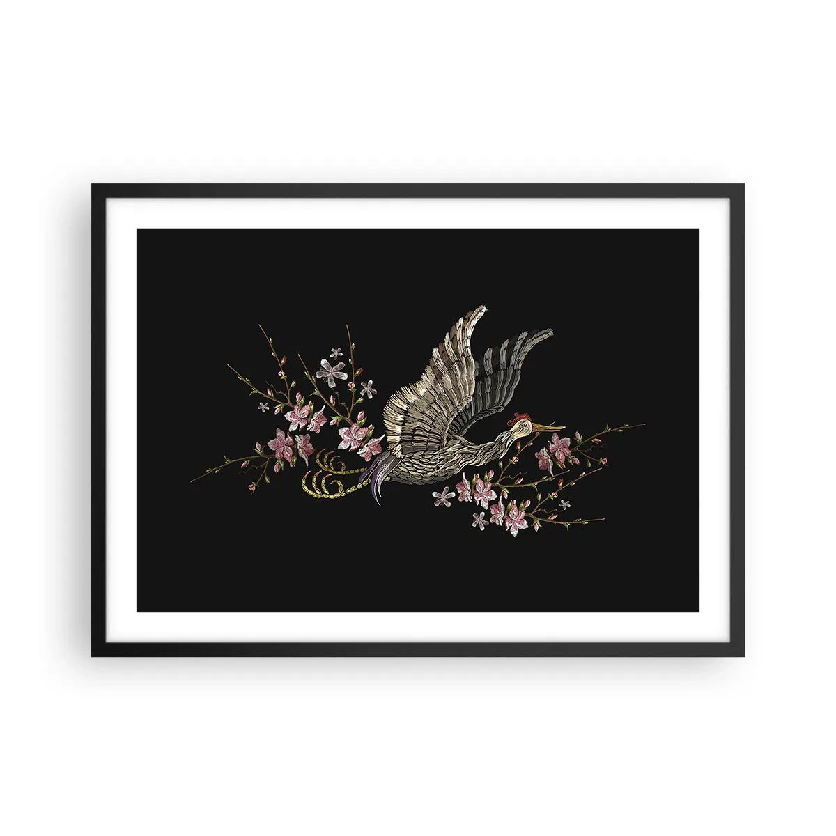 Affiche dans un cadre noir - Poster - Un oiseau en vol avec des fleurs sur fond noir - 70x50cm - Oiseau brodé exotique - Décoration murale moderne pour le salon et la chambre ARTTOR