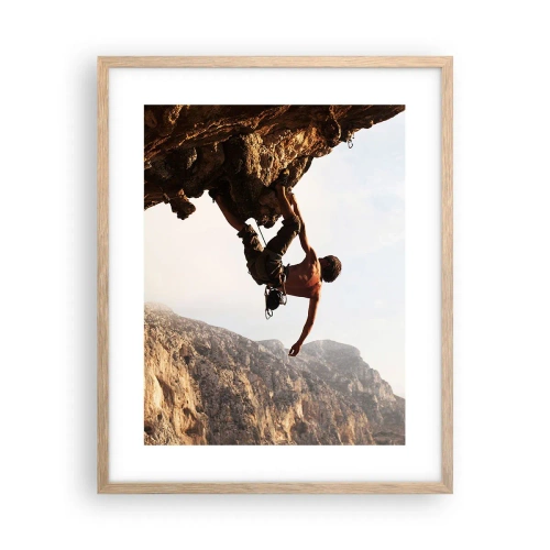 Affiche dans un chêne clair - Poster - Le monde rétréci dans une main sur une coupe de rocher - 40x50 cm