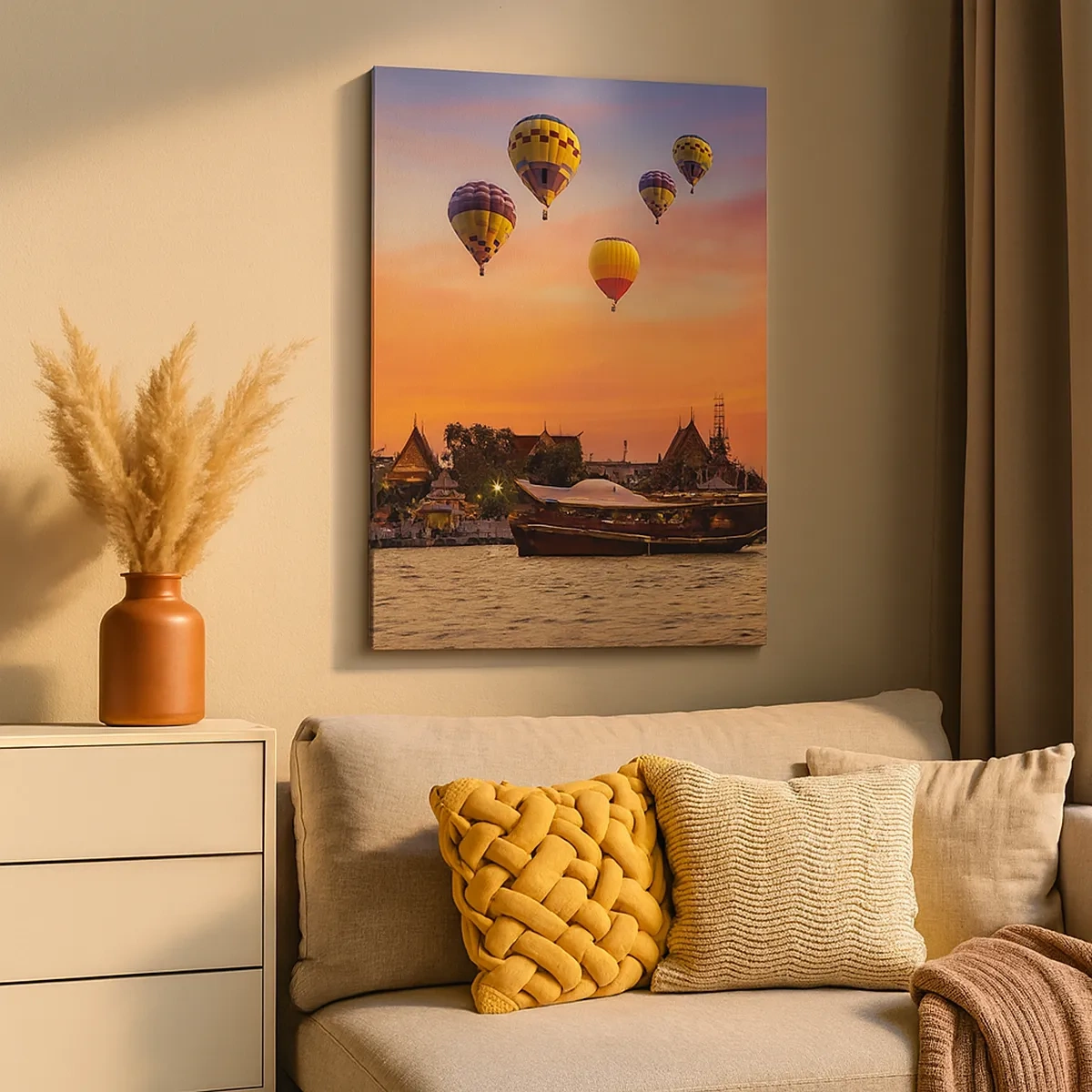 Impression sur toile - Image sur toile - Un temple et des ballons sur fond de soleil couchant sur la rivière - 50x70cm - C'est ici que naissent les contes de fées - Décoration murale moderne pour le salon et la chambre ARTTOR