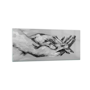 Impression sur verre - Image sur verre - Une composition en noir et blanc de deux mains jointes sur un fond clair. - 120x50cm - Début... - Décoration murale moderne pour le salon et la chambre ARTTOR