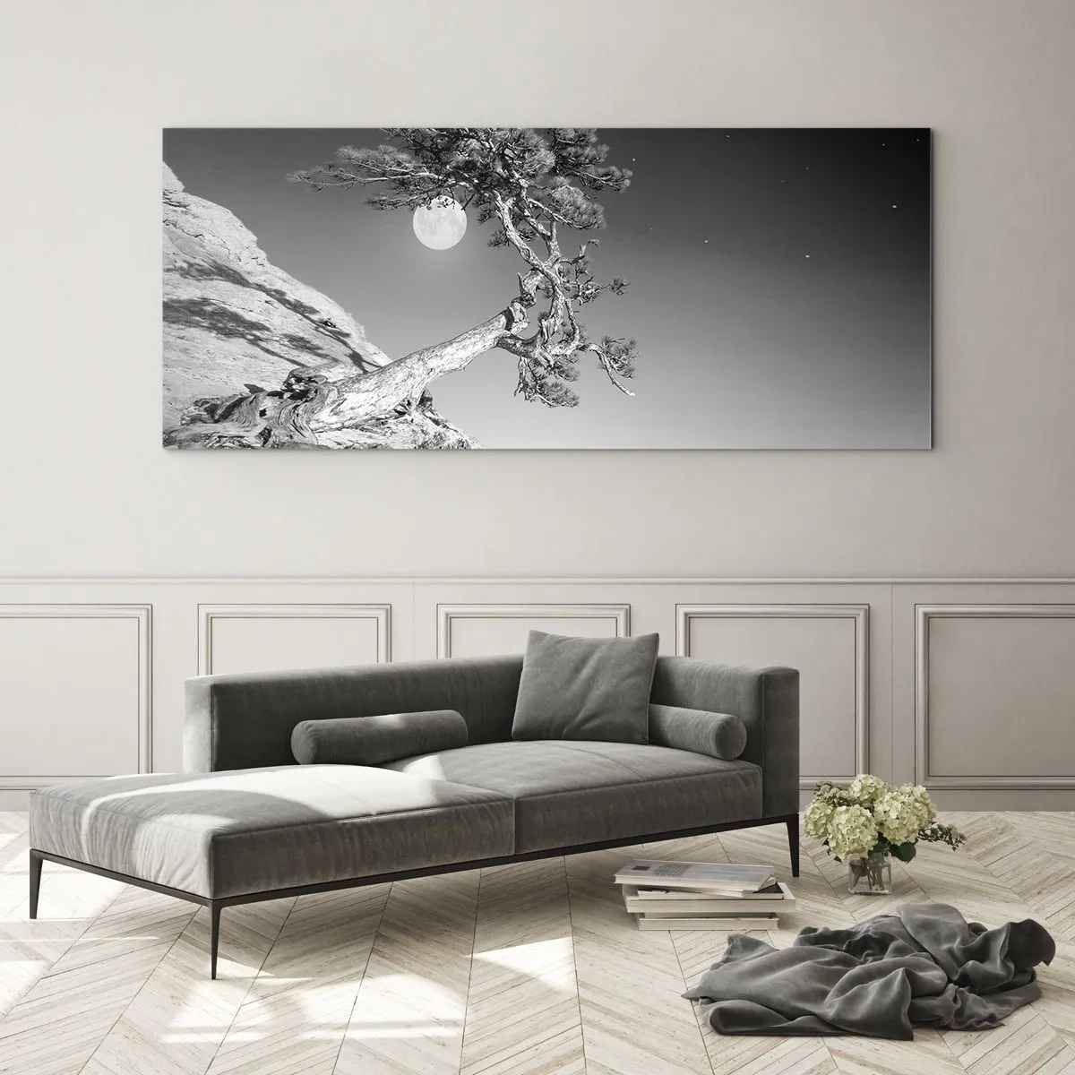 Impression sur verre - Image sur verre - Arbre noir et blanc sur une falaise avec la lune en arrière-plan - 120x50cm - Un combattant vainqueur - Décoration murale moderne pour le salon et la chambre ARTTOR