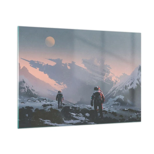 Impression sur verre - Image sur verre - Des astronautes sur une planète extraterrestre avec une épave en arrière-plan - 100x70cm - Sous une étoile inconnue - Décoration murale moderne pour le salon et la chambre ARTTOR