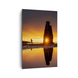 Impression sur toile - Image sur toile - Personne courant sur la plage au coucher du soleil avec formation rocheuse - 80x120cm - Juste vous et la nature - Décoration murale moderne pour le salon et la chambre ARTTOR