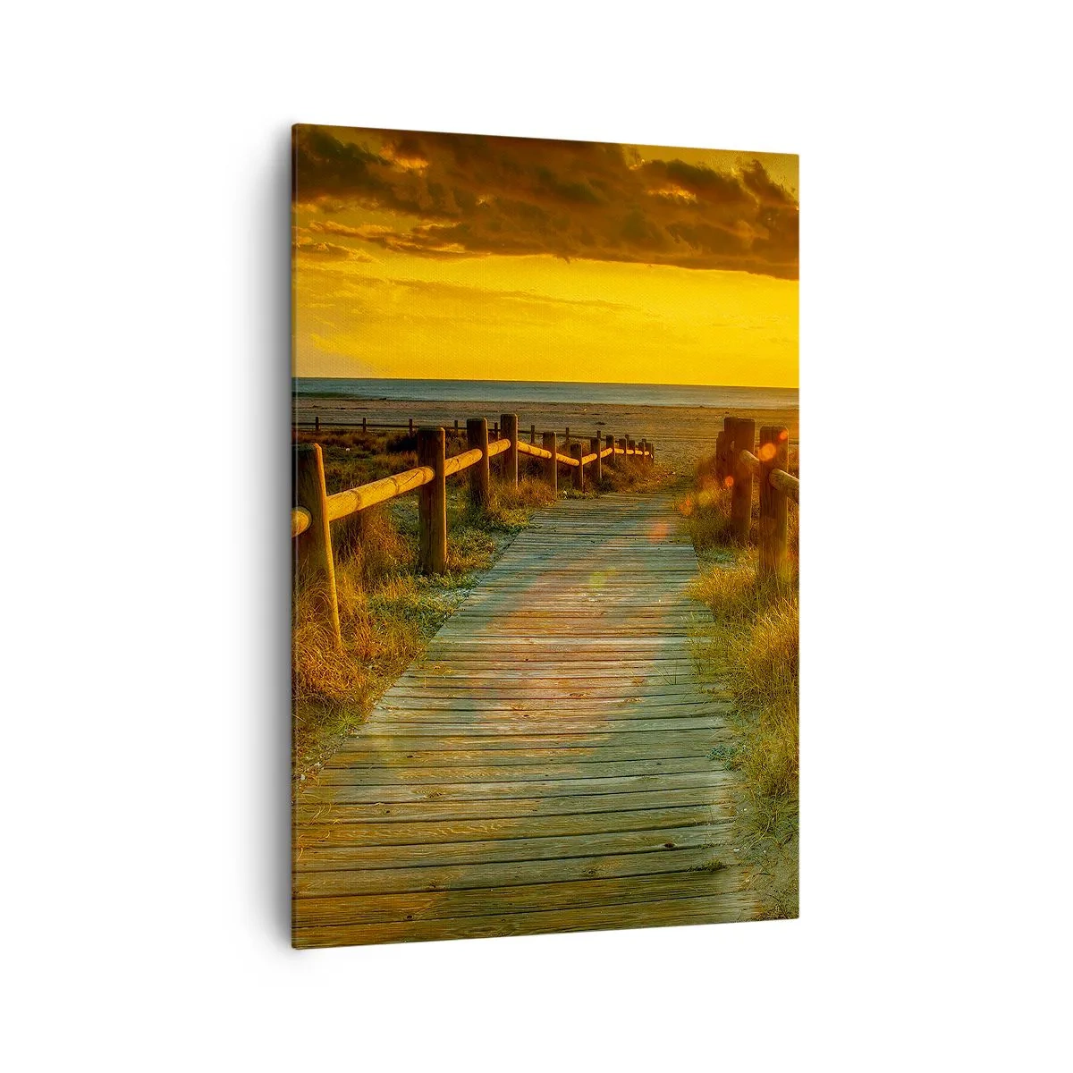 Impression sur toile - Image sur toile - Un chemin en bois menant à la plage à la lueur du soleil couchant - 70x100cm - Baigné dans le vieil or - Décoration murale moderne pour le salon et la chambre ARTTOR