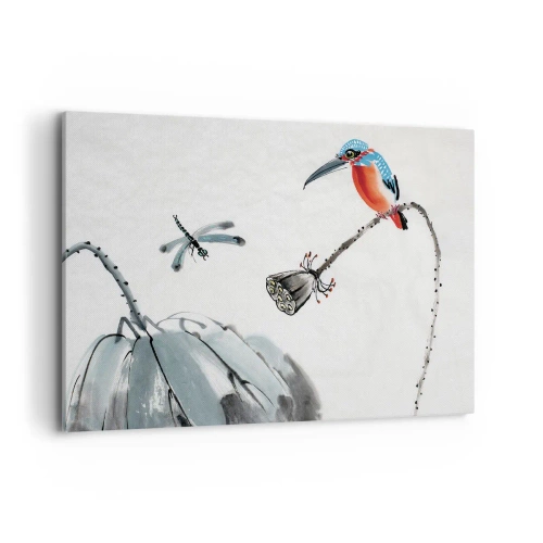 Impression sur toile - Image sur toile - Un oiseau coloré sur fond de végétation et une libellule - 100x70cm - La vie du champ - Décoration murale moderne pour le salon et la chambre ARTTOR