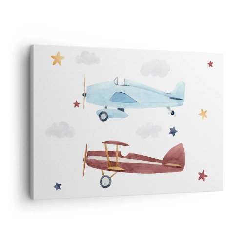 Impression sur toile - Image sur toile - Avions peints à la main sur fond de nuages et d'étoiles - 70x50cm - Monsieur le pilote, nous vous attendons ! - Décoration murale moderne pour le salon et la chambre ARTTOR