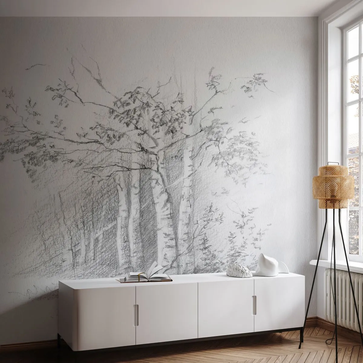Papier Peint Photo Premium Sand - Croquis au crayon de bouleaux dans la forêt - 100x70cm - Lumière d'une forêt de bouleaux - Décoration murale moderne pour le salon et la chambre ARTTOR