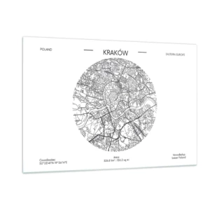 Impression sur verre - Image sur verre - Une carte de Cracovie dans un style d'illustration en noir et blanc - 120x80cm - Anatomie de Cracovie - Décoration murale moderne pour le salon et la chambre ARTTOR