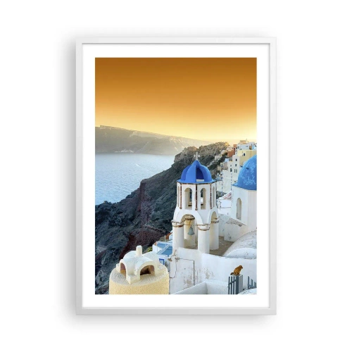 Affiche dans un cadre blanc - Poster - Santorin - blotti contre les rochers - 50x70 cm
