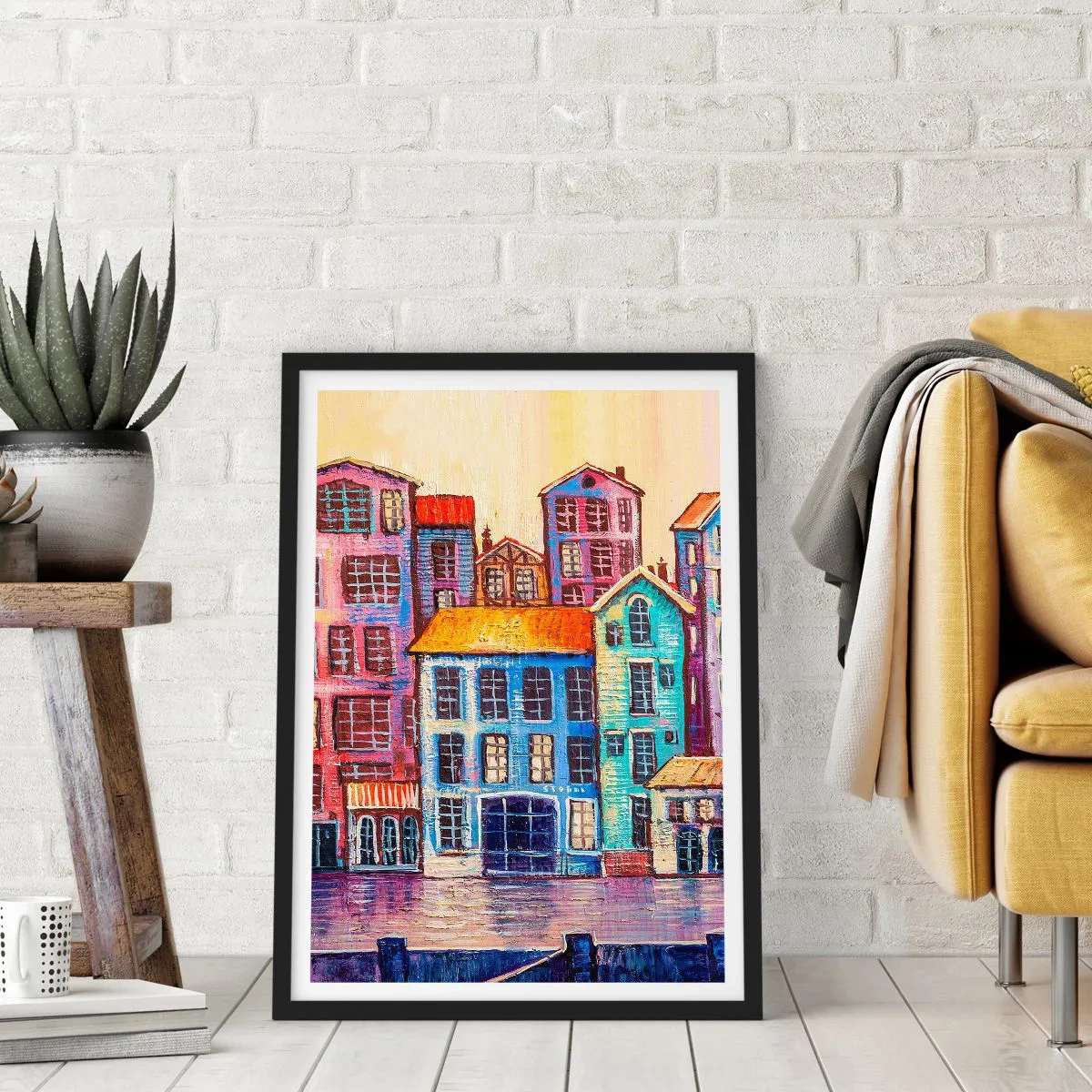 Affiche dans un cadre noir - Poster - Maisons colorées au bord de l'eau dans un style pictural - 50x70cm - Une ville comme dans un conte de fées - Décoration murale moderne pour le salon et la chambre ARTTOR
