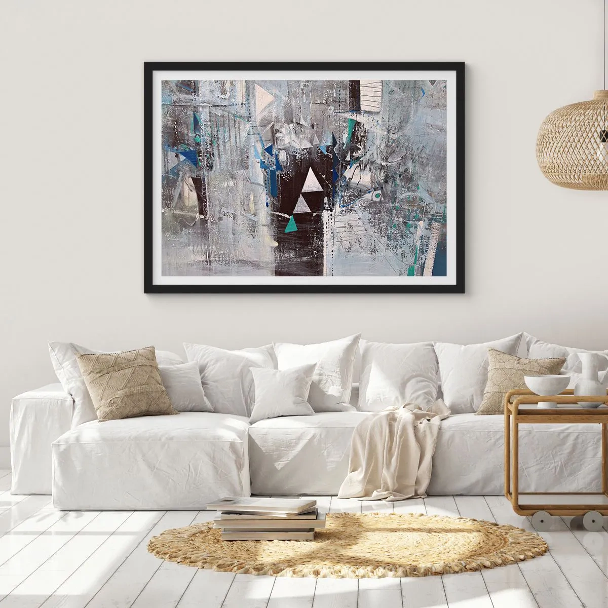 Affiche dans un cadre noir - Poster - Composition abstraite avec des triangles et des motifs géométriques - 100x70cm - Ordre prioritaire des triangles - Décoration murale moderne pour le salon et la chambre ARTTOR