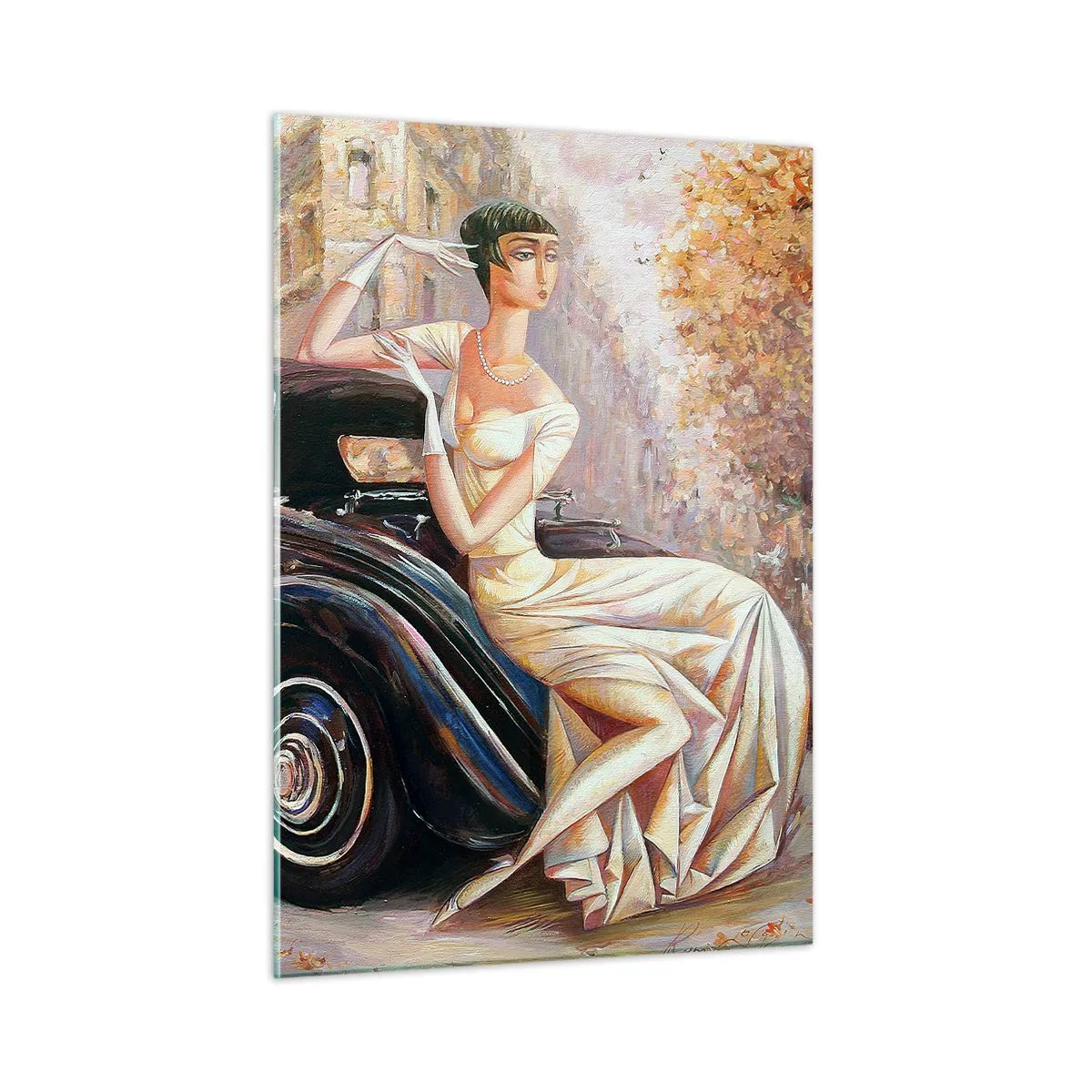 Impression sur verre - Image sur verre - Femme élégante à côté d'une voiture rétro dans un cadre urbain - 50x70cm - L'élégance dans un style rétro - Décoration murale moderne pour le salon et la chambre ARTTOR