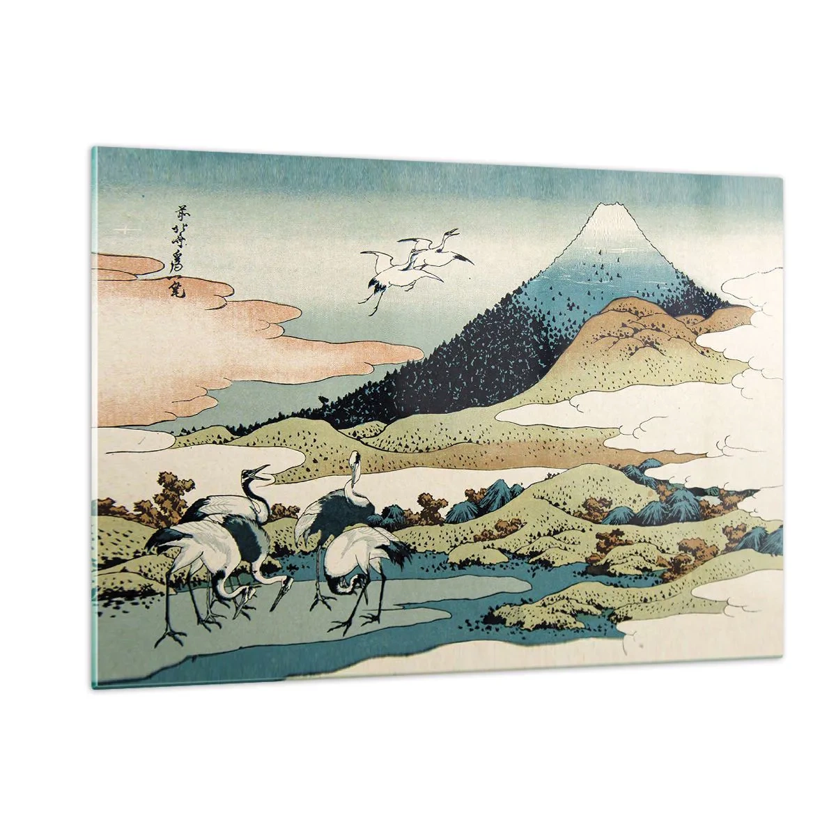 Impression sur verre - Image sur verre - Une peinture d'oiseaux dans un paysage japonais surplombant le mont Fuji. - 120x80cm - Avec une âme japonnaise - Décoration murale moderne pour le salon et la chambre ARTTOR