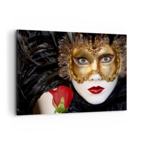 Impression sur toile - Image sur toile - Masque vénitien doré avec plumes et rose rouge, motif mystérieux. - 100x70cm - Parce que la vie est un grand bal - Décoration murale moderne pour le salon et la chambre ARTTOR