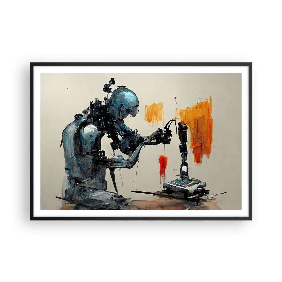 Affiche dans un cadre noir - Poster - Robot au travail avec un arrière-plan abstrait - 100x70cm - Déjà demain… - Décoration murale moderne pour le salon et la chambre ARTTOR