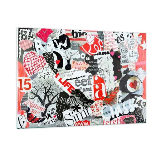 Impression sur verre - Image sur verre - Un collage de lettres, de cœurs et d'arbres dans un style artistique. - 120x80cm - Collage hipster - Décoration murale moderne pour le salon et la chambre ARTTOR