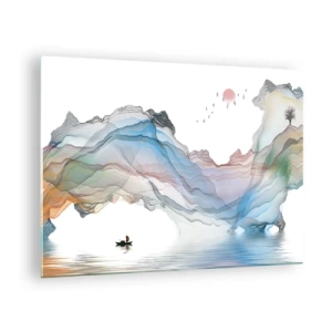 Impression sur verre - Image sur verre - Montagnes colorées avec un bateau sur l'eau dans un style aquarelle - 70x50cm - Vers les montagnes de cristal - Décoration murale moderne pour le salon et la chambre ARTTOR
