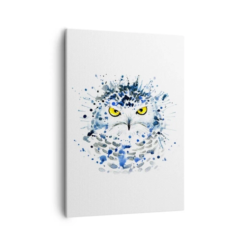 Impression sur toile - Image sur toile - Portrait abstrait d'un hibou aux couleurs bleu et jaune - 50x70cm - Droit dans les yeux - Décoration murale moderne pour le salon et la chambre ARTTOR