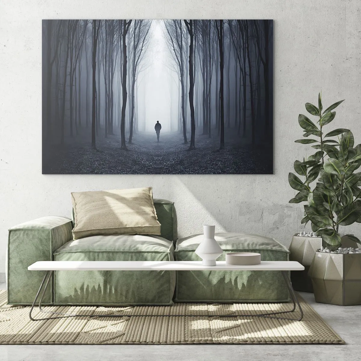 Impression sur verre - Image sur verre - Une silhouette dans une forêt sombre avec du brouillard en arrière-plan - 70x50cm - Tout est simple et clair - Décoration murale moderne pour le salon et la chambre ARTTOR