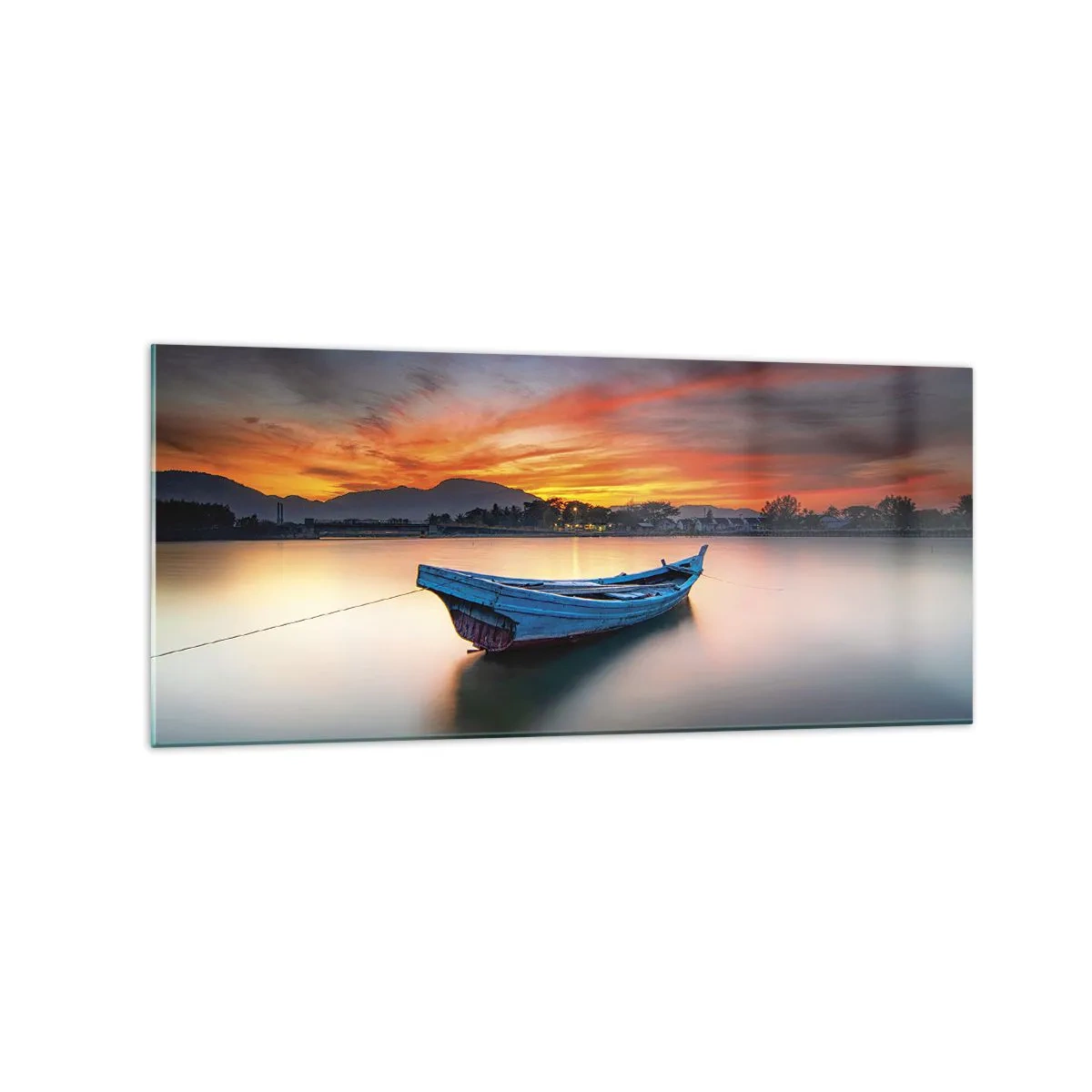 Impression sur verre - Image sur verre - Un bateau sur l'eau pendant un coucher de soleil pittoresque - 120x50cm - Une bonne nuit arrive - Décoration murale moderne pour le salon et la chambre ARTTOR