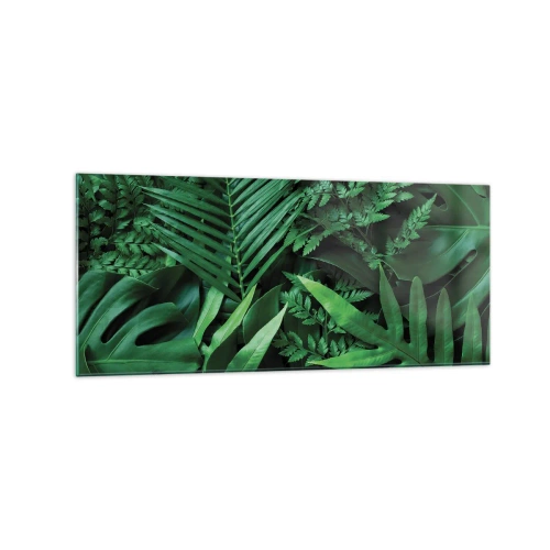 Impression sur verre - Image sur verre - Feuilles tropicales vertes dans une composition dense et naturelle - 120x50cm - Emmitouflé de verdure - Décoration murale moderne pour le salon et la chambre ARTTOR