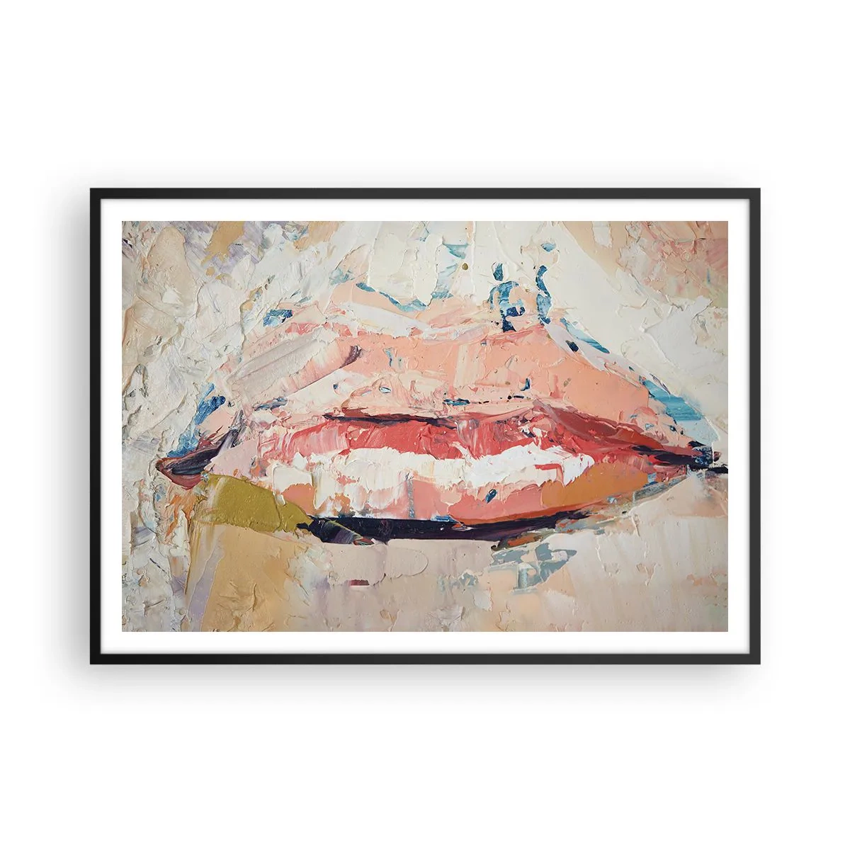 Affiche dans un cadre noir - Poster - Une composition abstraite représentant les lèvres d'une femme aux couleurs pastel. - 100x70cm - Éveil la pensée - Décoration murale moderne pour le salon et la chambre ARTTOR
