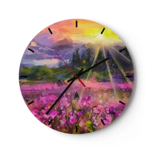 Horloge murale - Pendule murale - Prairie colorée au soleil avec un paysage abstrait - 30x30cm - Dans la vallée à l'abri du soleil - Décoration murale moderne pour le salon, la cuisine et la chambre ARTTOR