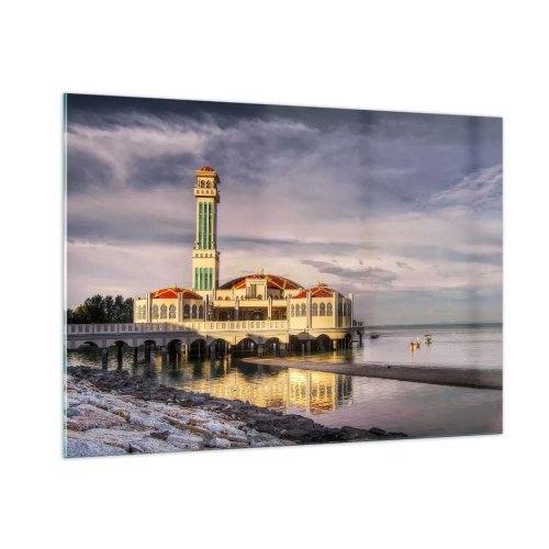 Impression sur verre - Image sur verre - Mosquée sur l'eau dans une lumière pittoresque - 100x70cm - Temple de la nature - Décoration murale moderne pour le salon et la chambre ARTTOR