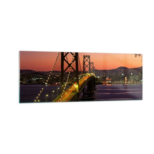 Impression sur verre - Image sur verre - Un pont illuminé la nuit au-dessus de l'eau avec une vue panoramique sur la ville - 140x50cm - Soirée violette - Décoration murale moderne pour le salon et la chambre ARTTOR