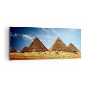 Impression sur toile - Image sur toile - Les pyramides de Gizeh contre un ciel bleu et un paysage désertique - 120x50cm - 40 siècles vous regardent - Décoration murale moderne pour le salon et la chambre ARTTOR