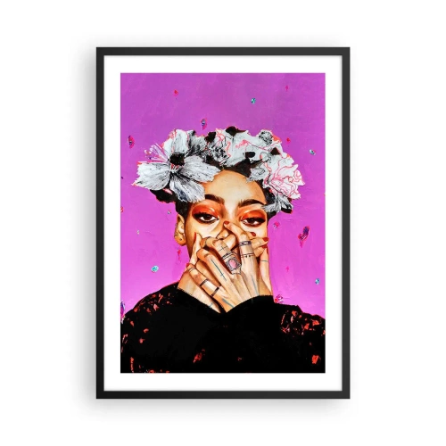 Affiche dans un cadre noir - Poster - Un portrait expressif d'une femme sur un fond rose intense. - 50x70cm - Un peu fou - Décoration murale moderne pour le salon et la chambre ARTTOR