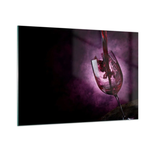 Impression sur verre - Image sur verre - Du vin rouge versé dans un verre sur un fond violet - 100x70cm - Écarlate? Carmin? Non, rubis. - Décoration murale moderne pour le salon et la chambre ARTTOR