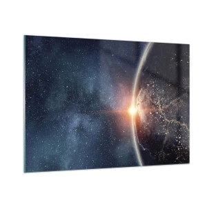 Impression sur verre - Image sur verre - La Terre illuminée par les rayons du soleil dans l'espace - 100x70cm - Dans une nouvelle perspective - Décoration murale moderne pour le salon et la chambre ARTTOR
