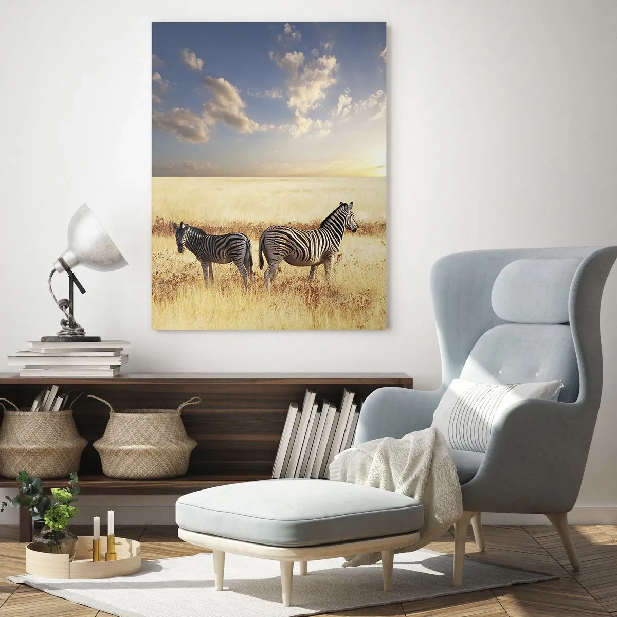 Impression sur verre - Image sur verre - Deux zèbres dans la savane sous les rayons du soleil couchant - 70x100cm - Va-t'en, n'ai pas de paix - Décoration murale moderne pour le salon et la chambre ARTTOR