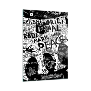 Impression sur verre - Image sur verre - Image de graffiti en noir et blanc avec des thèmes de paix et de liberté - 50x70cm - La richesse des rues - Décoration murale moderne pour le salon et la chambre ARTTOR