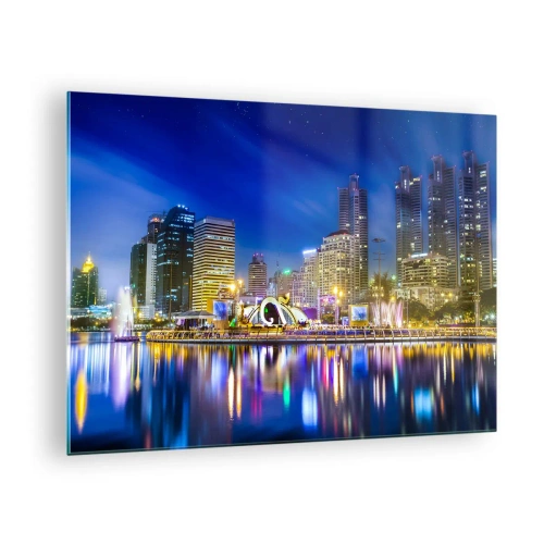 Impression sur verre - Image sur verre - Panorama de la ville la nuit avec les lumières se reflétant dans l'eau - 70x50cm - Nuit arc-en-ciel de la métropole - Décoration murale moderne pour le salon et la chambre ARTTOR