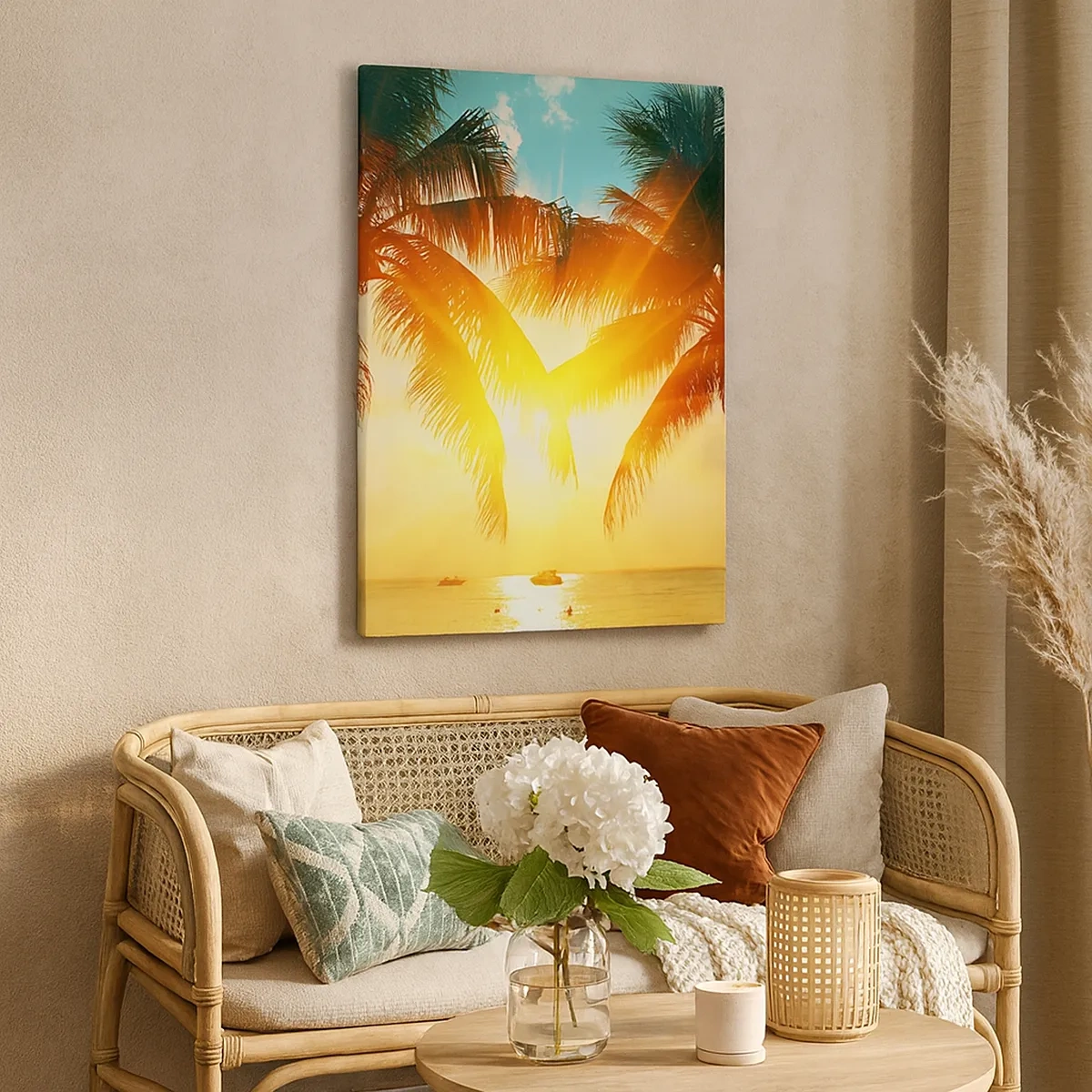 Impression sur toile - Image sur toile - Palmiers illuminés par la chaude lumière du soleil couchant - 50x70cm - Couple exotique - Décoration murale moderne pour le salon et la chambre ARTTOR