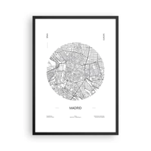Affiche dans un cadre noir - Poster - Une carte minimaliste de Madrid en noir et blanc. - 50x70cm - Anatomie de Madrid - Décoration murale moderne pour le salon et la chambre ARTTOR